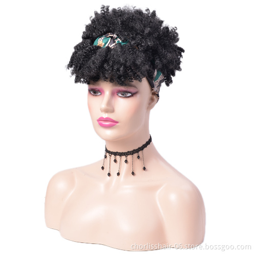 Wholesale Afro Kinky Curly Synthetic Short Ombre Turban Wrap Wig With Headband Synthetic Headband Wig Attached For Women Party